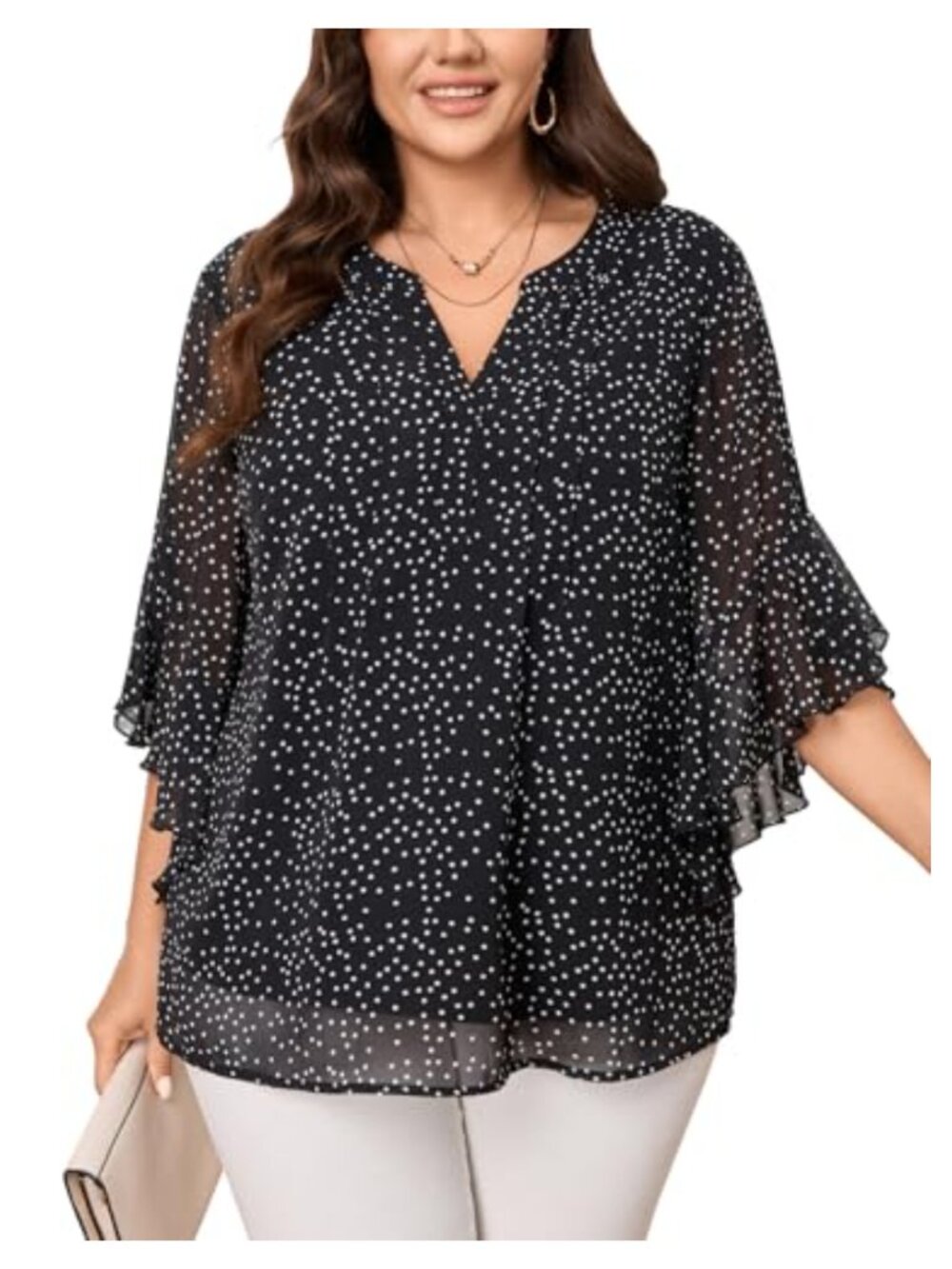 Plus Size Chiffon Blouse 3/4 Sleeve V-Neck Dressy Tunic Top